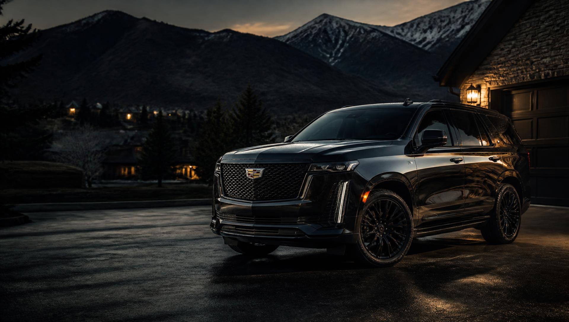 Freshly detailed black luxury SUV parked in an Alpine, Utah driveway at dusk with the Wasatch mountains behind it